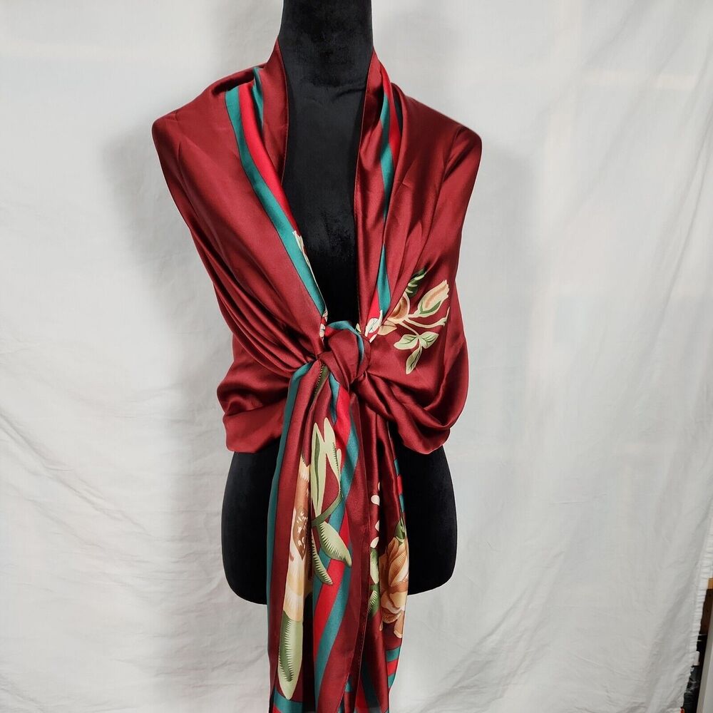 Oversized Womens Polyester, Silky Scarf Deep Red Floral With Border 72 x 36